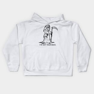 Grim reaper- I've got your back. funny sketch and quote Lettering Digital Illustration Kids Hoodie